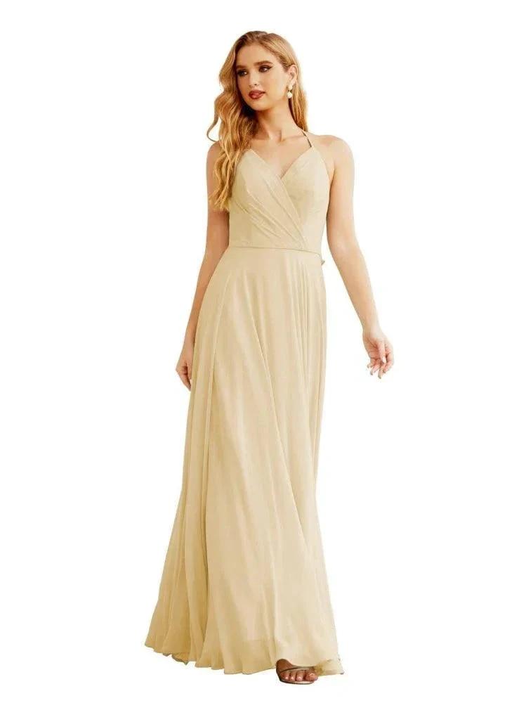 Women's Halter Chiffon Bridesmaid Dresses Wedding Apparel Long Sleeveless Formal Prom Dress with Ruffled Back SEA28035