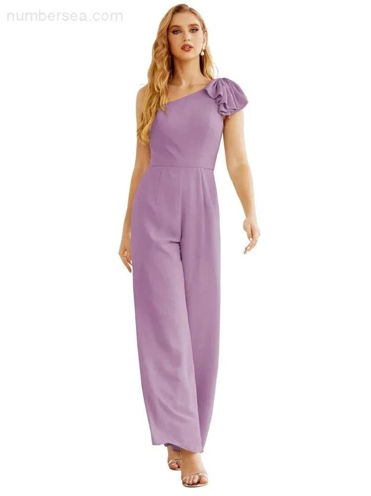 Women's One Shoulder Chiffon Long Jumpsuit Formal Evening Dress Long Bridesmaid Dresses Pants Wedding Party SEA28034