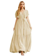 Women's Open Back Formal Evening Party Prom Gowns V-Neck Long Chiffon Bridesmaid Dresses with Waist Belt SEA28038