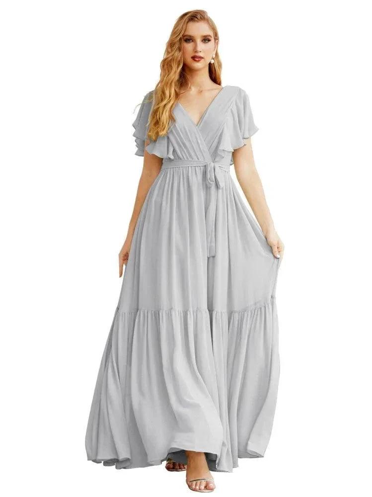 Women's Open Back Formal Evening Party Prom Gowns V-Neck Long Chiffon Bridesmaid Dresses with Waist Belt SEA28038