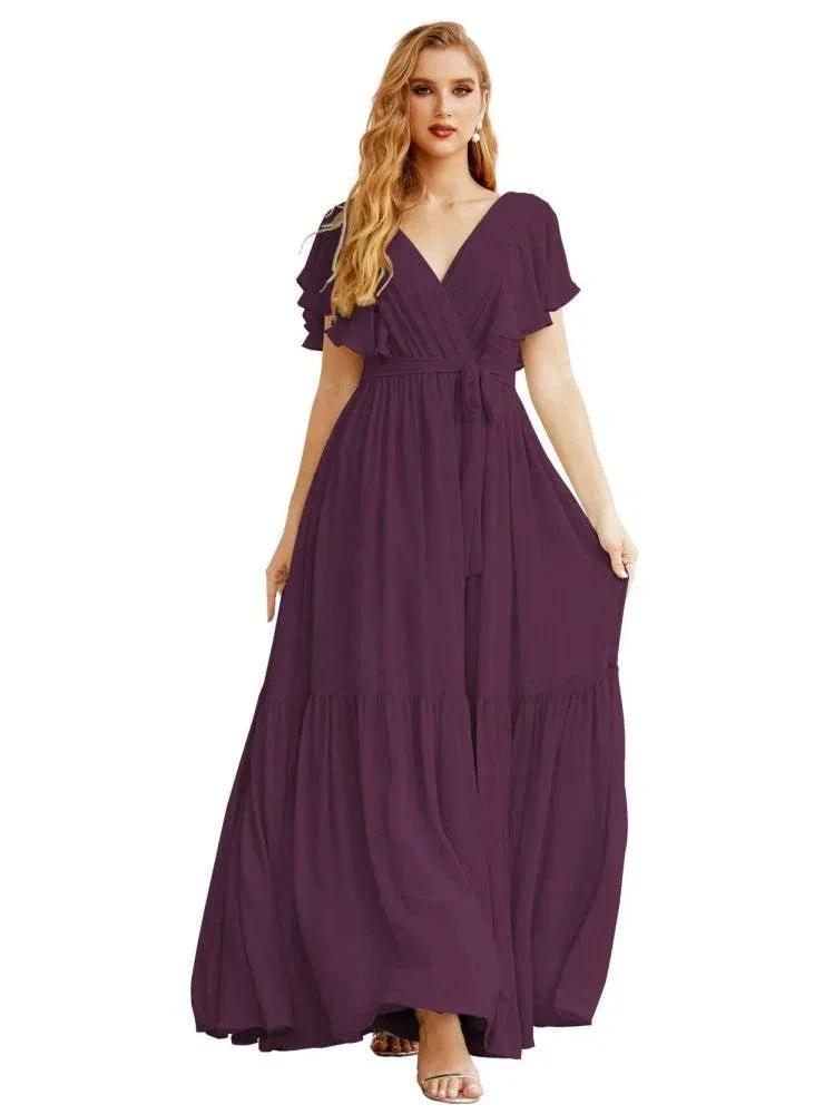 Women's Open Back Formal Evening Party Prom Gowns V-Neck Long Chiffon Bridesmaid Dresses with Waist Belt SEA28038