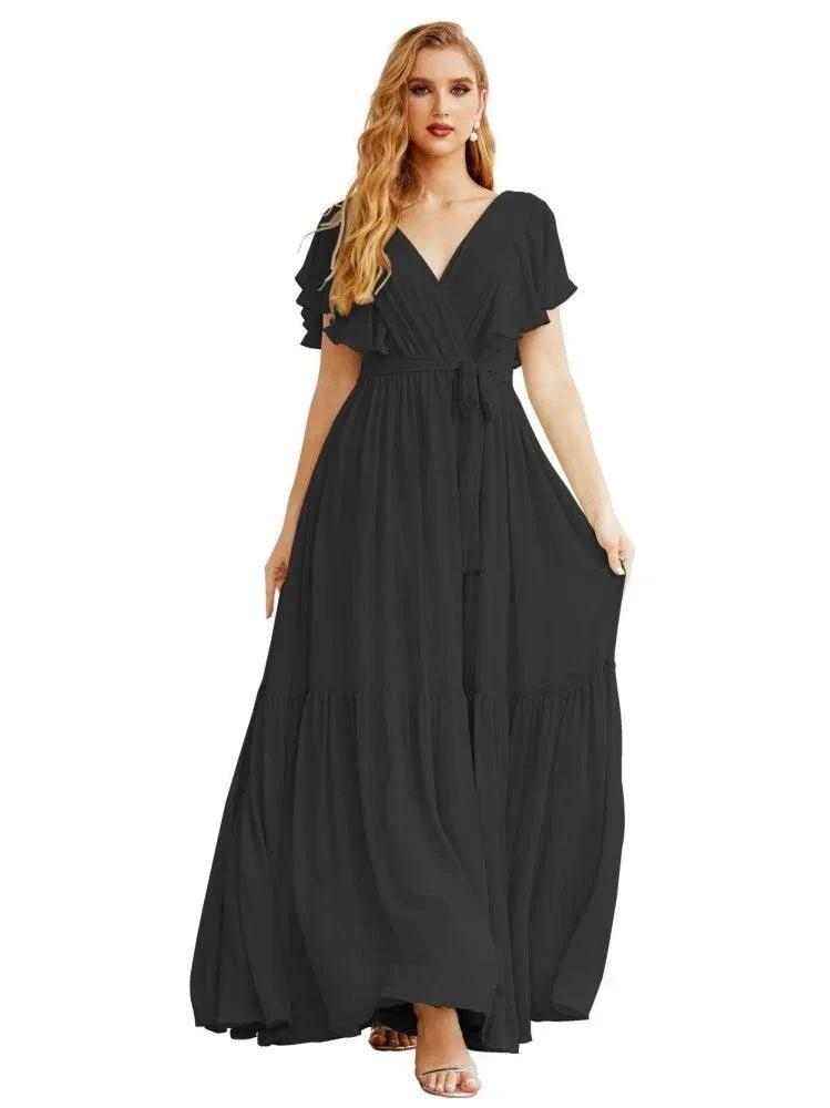 Women's Open Back Formal Evening Party Prom Gowns V-Neck Long Chiffon Bridesmaid Dresses with Waist Belt SEA28038
