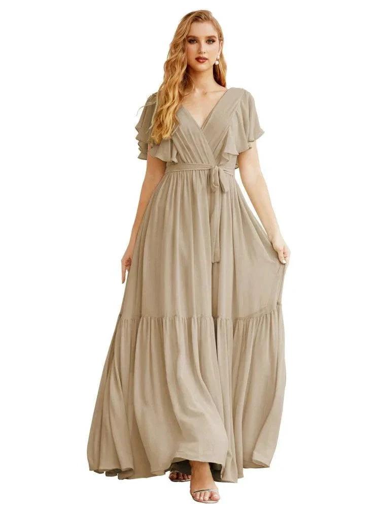 Women's Open Back Formal Evening Party Prom Gowns V-Neck Long Chiffon Bridesmaid Dresses with Waist Belt SEA28038