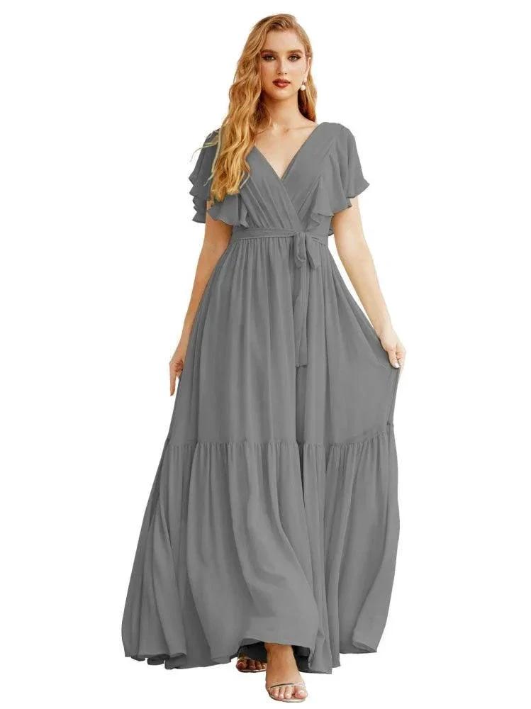 Women's Open Back Formal Evening Party Prom Gowns V-Neck Long Chiffon Bridesmaid Dresses with Waist Belt SEA28038