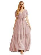 Women's Open Back Formal Evening Party Prom Gowns V-Neck Long Chiffon Bridesmaid Dresses with Waist Belt SEA28038