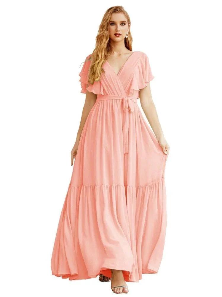 Women's Open Back Formal Evening Party Prom Gowns V-Neck Long Chiffon Bridesmaid Dresses with Waist Belt SEA28038