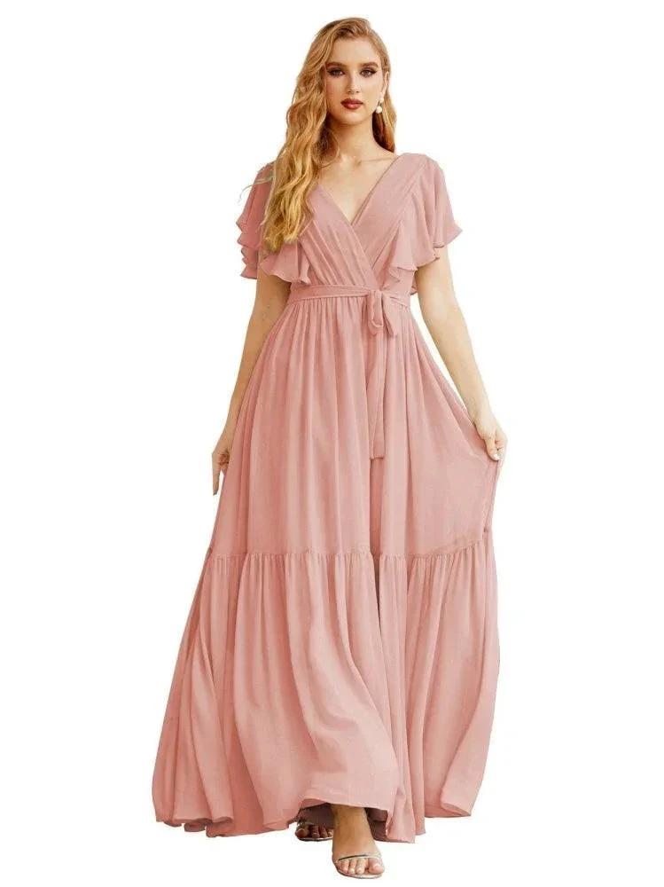 Women's Open Back Formal Evening Party Prom Gowns V-Neck Long Chiffon Bridesmaid Dresses with Waist Belt SEA28038
