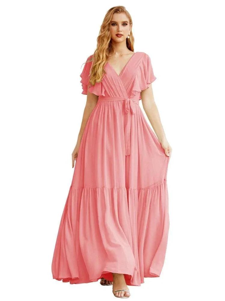 Women's Open Back Formal Evening Party Prom Gowns V-Neck Long Chiffon Bridesmaid Dresses with Waist Belt SEA28038