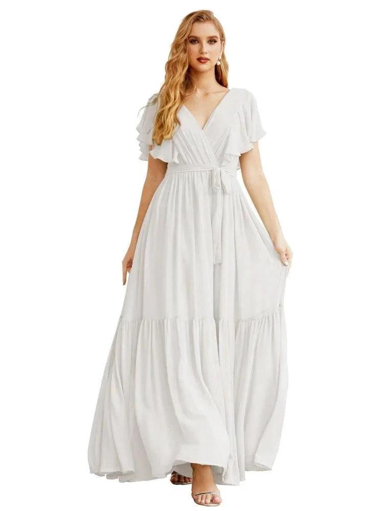 Women's Open Back Formal Evening Party Prom Gowns V-Neck Long Chiffon Bridesmaid Dresses with Waist Belt SEA28038