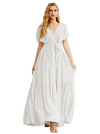 Women's Open Back Formal Evening Party Prom Gowns V-Neck Long Chiffon Bridesmaid Dresses with Waist Belt SEA28038