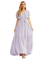 Women's Open Back Formal Evening Party Prom Gowns V-Neck Long Chiffon Bridesmaid Dresses with Waist Belt SEA28038