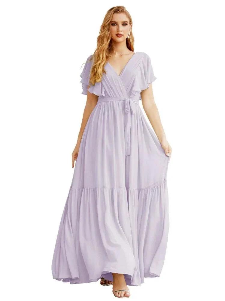Women's Open Back Formal Evening Party Prom Gowns V-Neck Long Chiffon Bridesmaid Dresses with Waist Belt SEA28038