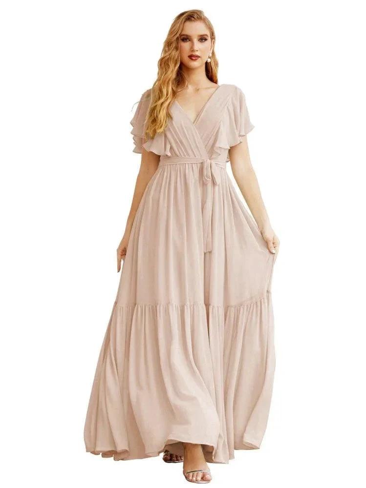 Women's Open Back Formal Evening Party Prom Gowns V-Neck Long Chiffon Bridesmaid Dresses with Waist Belt SEA28038