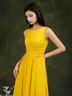 Yellow Bateau A-Line Chiffon Ruffles Split Floor-length Bridesmaid Dress With Pockets