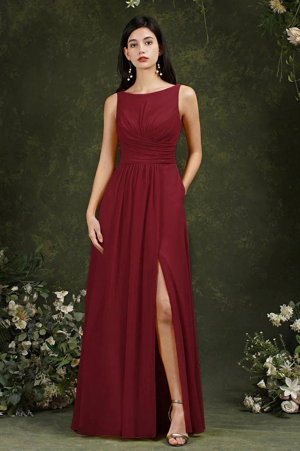 Yellow Bateau A-Line Chiffon Ruffles Split Floor-length Bridesmaid Dress With Pockets