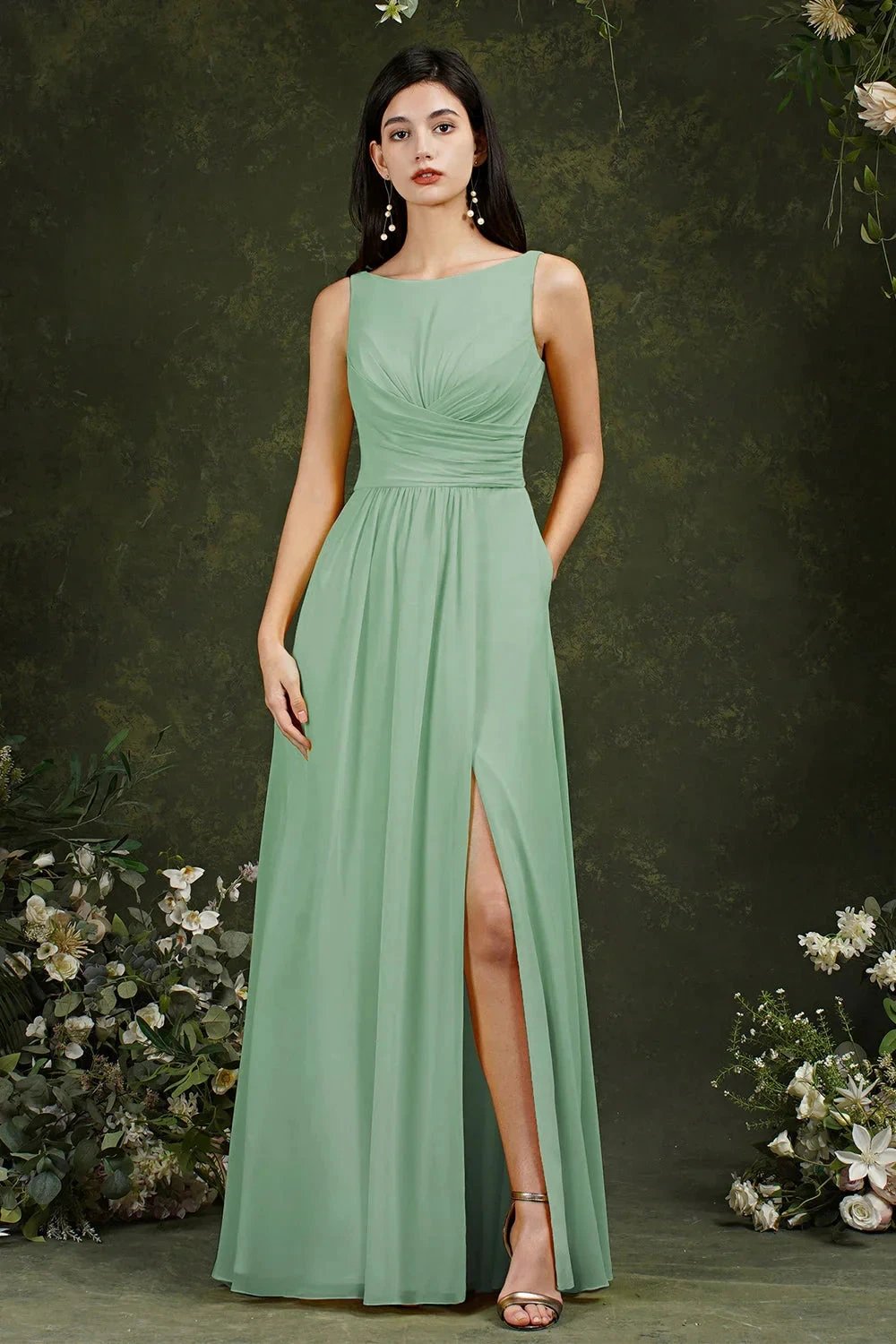 Yellow Bateau A-Line Chiffon Ruffles Split Floor-length Bridesmaid Dress With Pockets