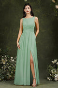 Yellow Bateau A-Line Chiffon Ruffles Split Floor-length Bridesmaid Dress With Pockets
