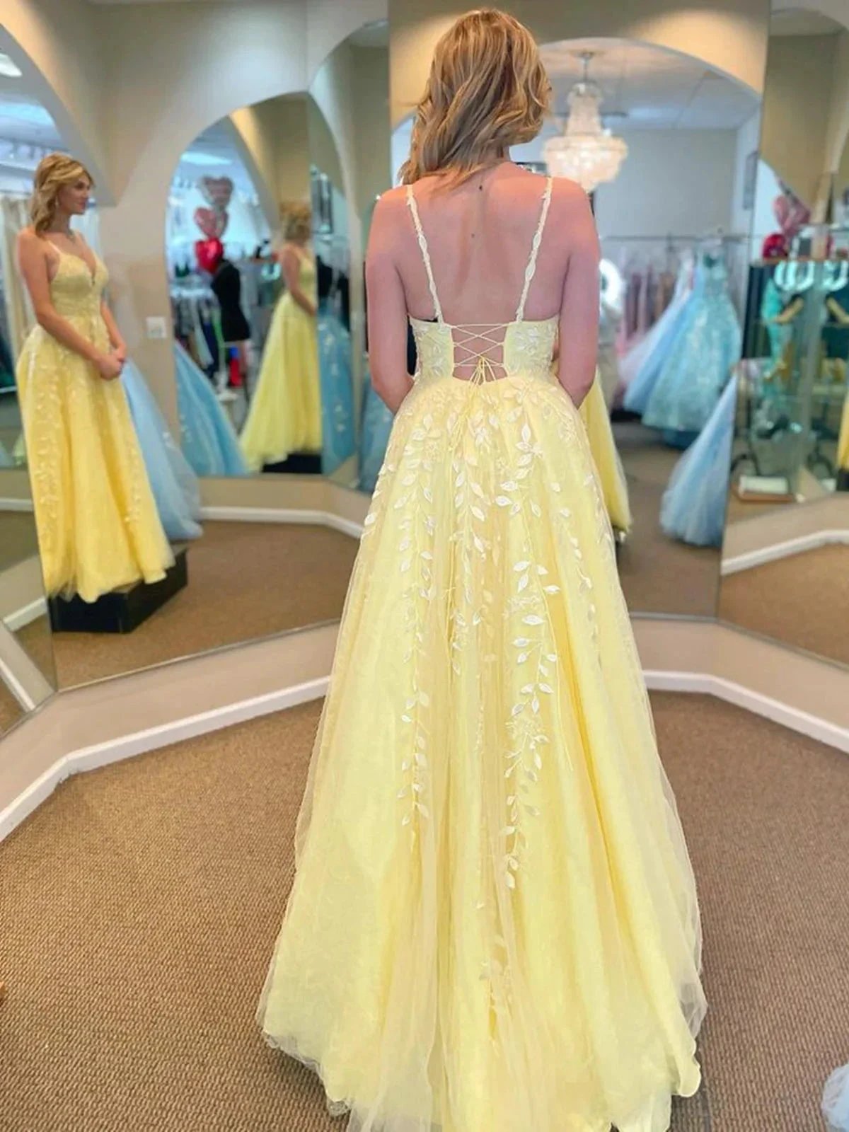 Yellow Long A Line V Neck Lace Tulle Open Back Prom Dresses with Appliques