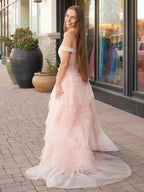 Zariah | Blush Princess A line Off Shoulder Ruffled Tulle Prom Dress